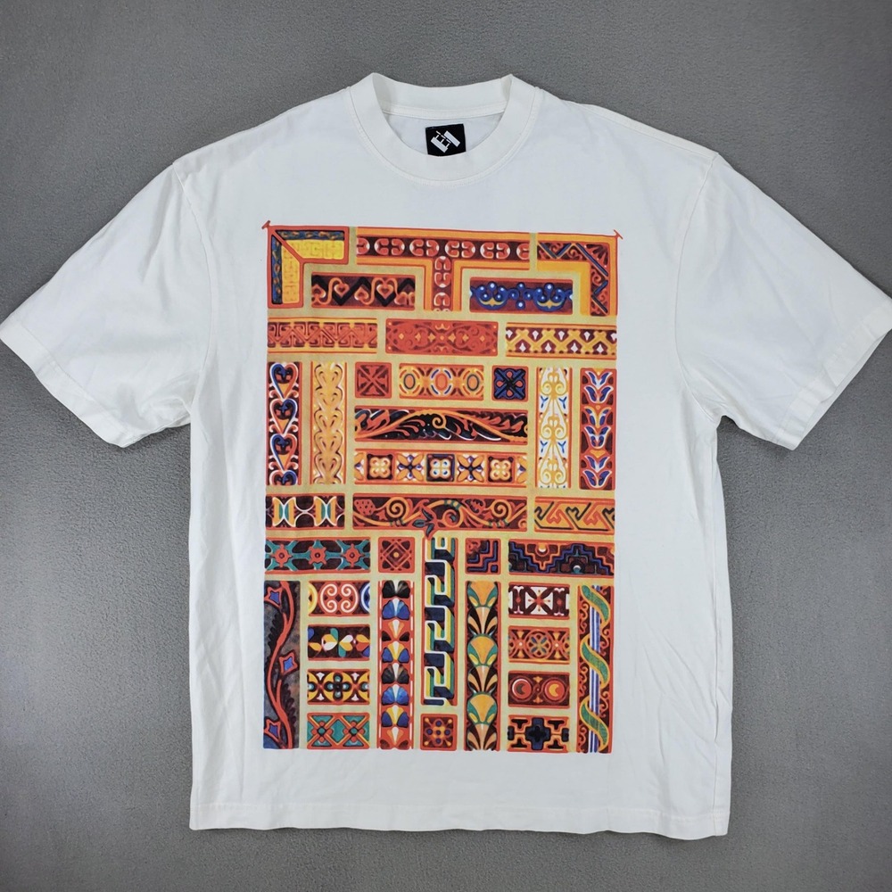 Trilogy Tapes Graphic T-Shirt Mens L White Geometric Art Print Streetwear Tee
